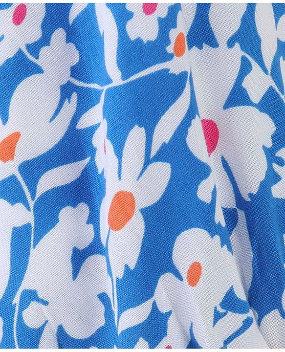 Babyhug Rayon Woven Full Sleeves Gathered Top With Floral Print - White & Blue