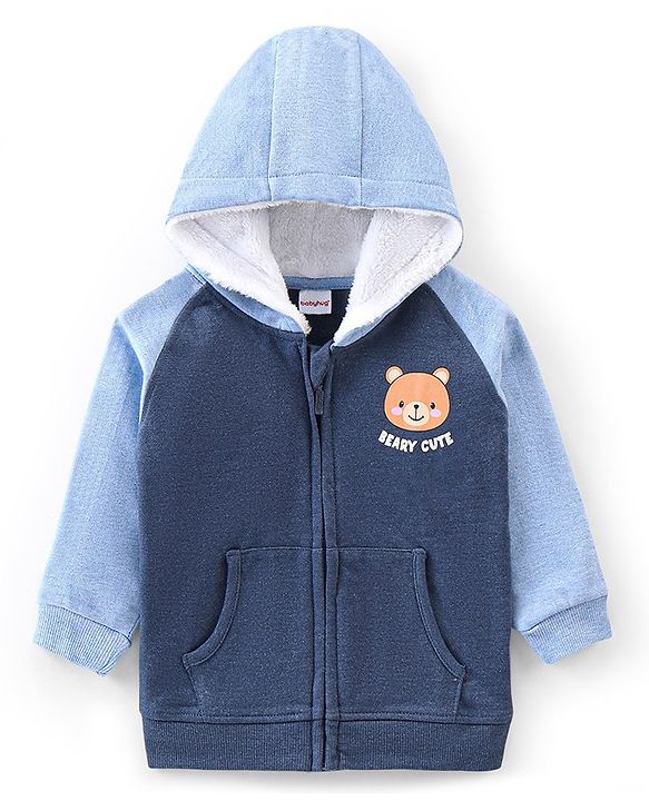 Babyhug Cotton Knit Full Sleeves Sweat Jacket With Bear Print - Grey & Blue