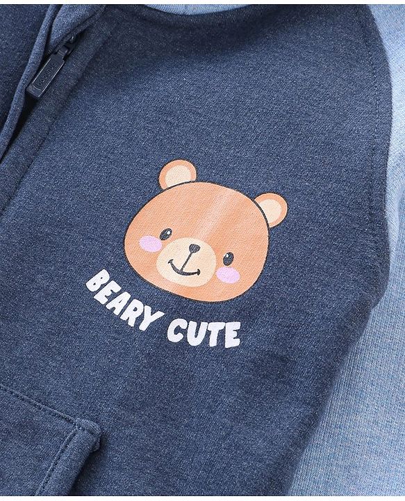 Babyhug Cotton Knit Full Sleeves Sweat Jacket With Bear Print - Grey & Blue