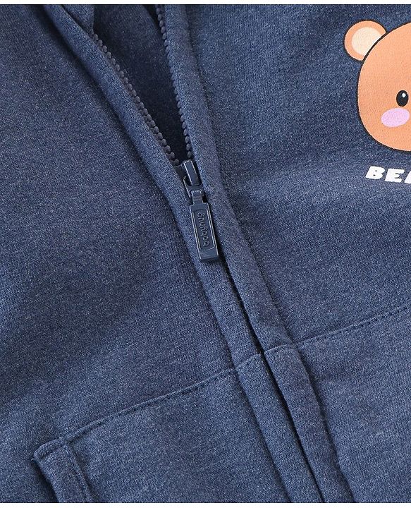 Babyhug Cotton Knit Full Sleeves Sweat Jacket With Bear Print - Grey & Blue