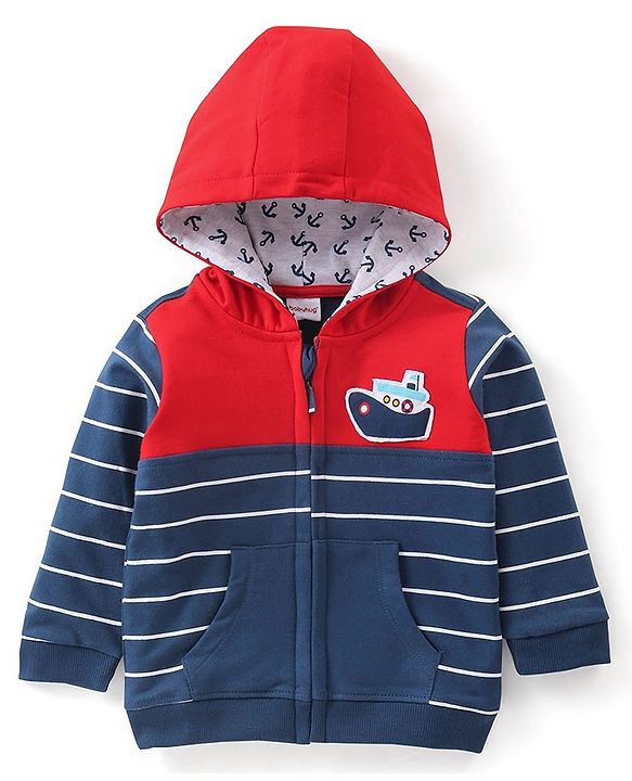 Babyhug 100% Cotton Knit Full Sleeves Sweatjacket With Zipper & Hood Striped - Navy Blue & Orange