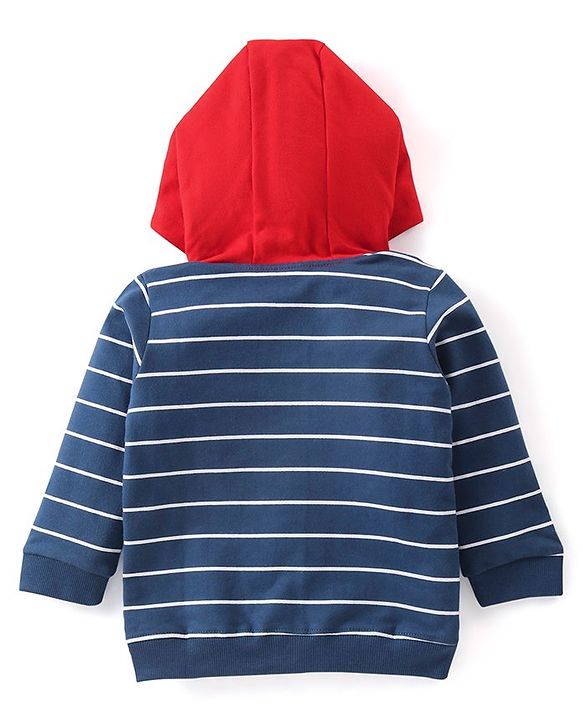 Babyhug 100% Cotton Knit Full Sleeves Sweatjacket With Zipper & Hood Striped - Navy Blue & Orange