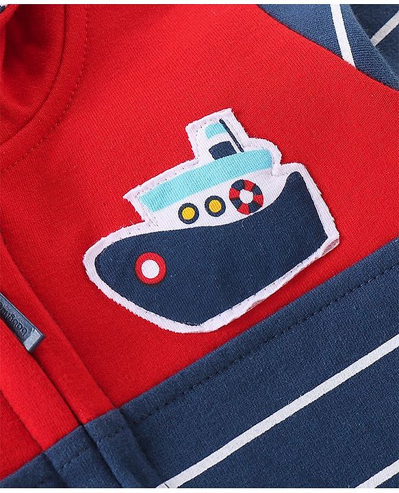 Babyhug 100% Cotton Knit Full Sleeves Sweatjacket With Zipper & Hood Striped - Navy Blue & Orange
