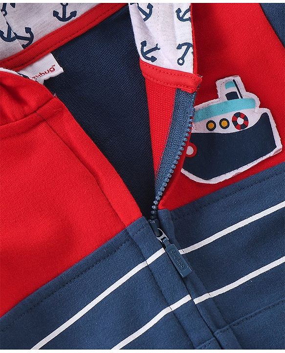 Babyhug 100% Cotton Knit Full Sleeves Sweatjacket With Zipper & Hood Striped - Navy Blue & Orange