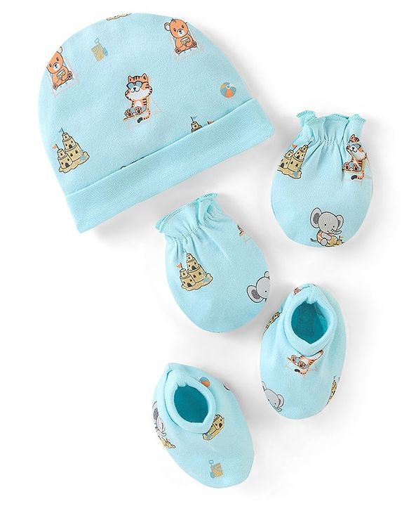 Babyhug 100% Cotton Interlock Castle Print Cap Mittens And Booties  Blue - Diameter 11cm