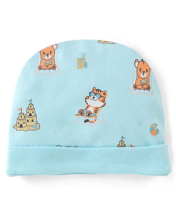 Babyhug 100% Cotton Interlock Castle Print Cap Mittens And Booties  Blue - Diameter 11cm