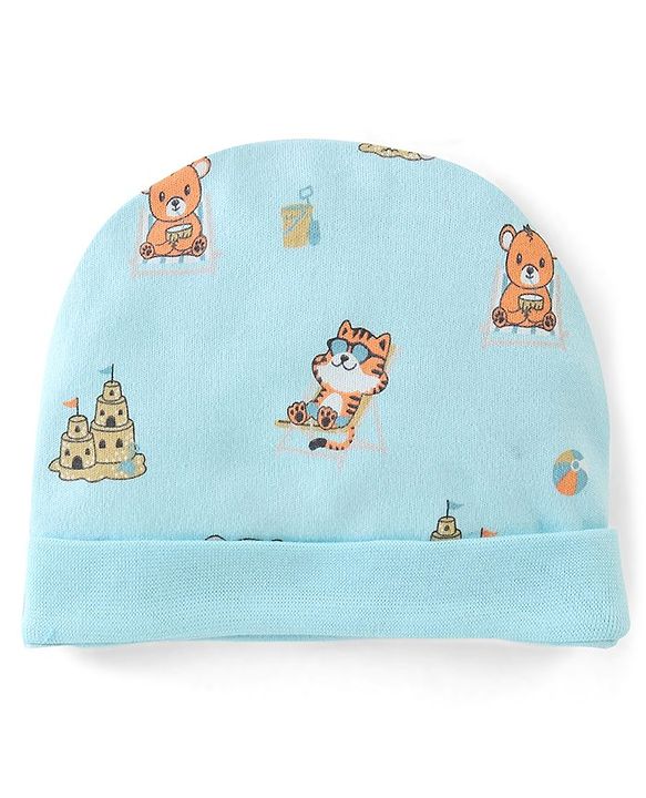 Babyhug 100% Cotton Interlock Castle Print Cap Mittens And Booties  Blue - Diameter 11cm
