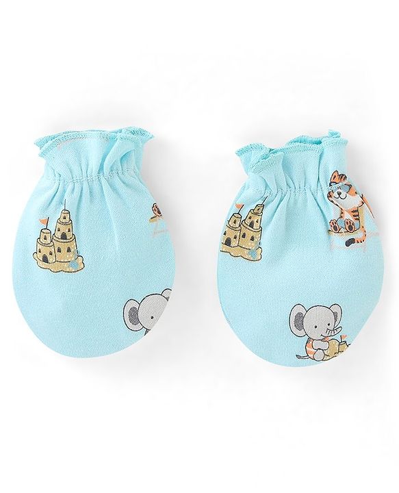 Babyhug 100% Cotton Interlock Castle Print Cap Mittens And Booties  Blue - Diameter 11cm
