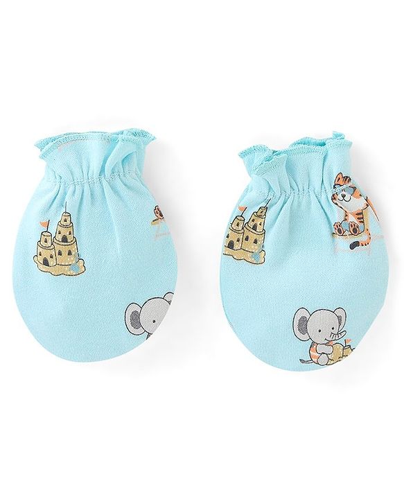 Babyhug 100% Cotton Interlock Castle Print Cap Mittens And Booties  Blue - Diameter 11cm