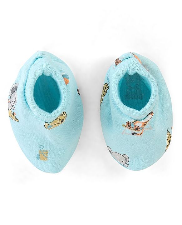 Babyhug 100% Cotton Interlock Castle Print Cap Mittens And Booties  Blue - Diameter 11cm