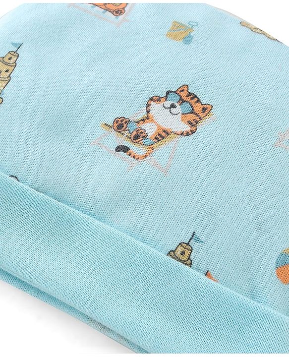 Babyhug 100% Cotton Interlock Castle Print Cap Mittens And Booties  Blue - Diameter 11cm
