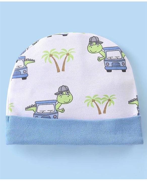 Babyhug 100% Cotton Knit Dino Printed Cap White - Diameter 11 cm