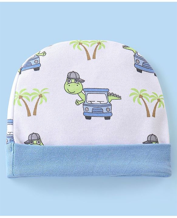 Babyhug 100% Cotton Knit Dino Printed Cap White - Diameter 11 cm