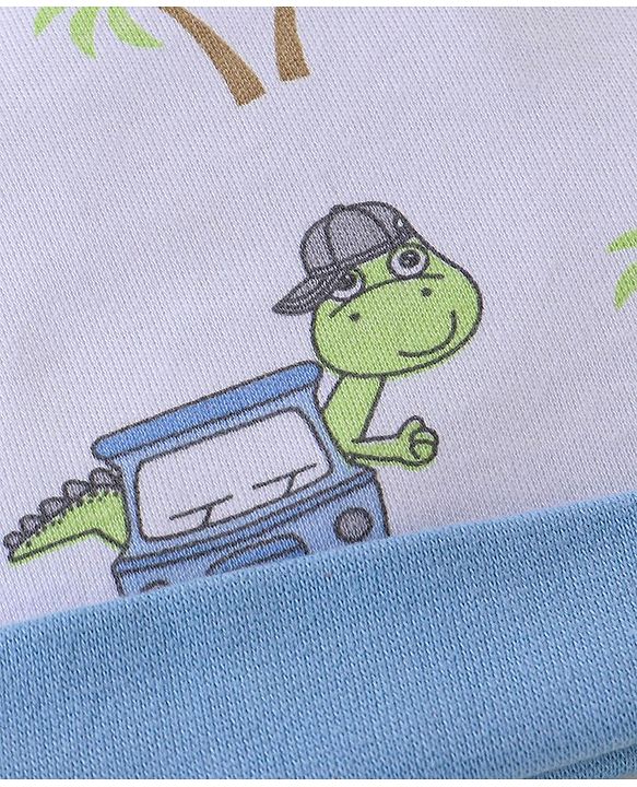 Babyhug 100% Cotton Knit Dino Printed Cap White - Diameter 11 cm