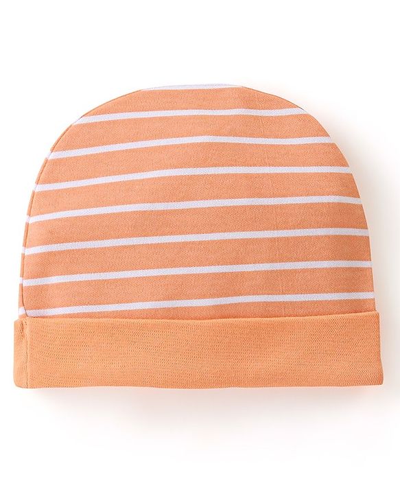 Babyhug 100% Cotton Knit Striped Cap White & Orange - Diameter 10.5 cm