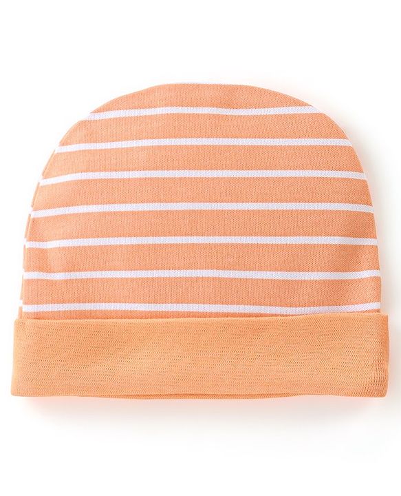 Babyhug 100% Cotton Knit Striped Cap White & Orange - Diameter 10.5 cm