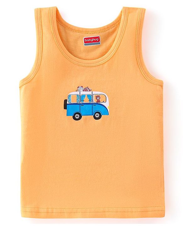 Babyhug 100 % Cotton Sleeveless Striped Camping Printed Sando Pack of 3  - Blue & Yellow