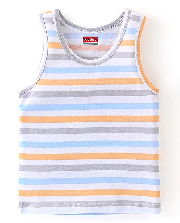 Babyhug 100 % Cotton Sleeveless Striped Camping Printed Sando Pack of 3  - Blue & Yellow