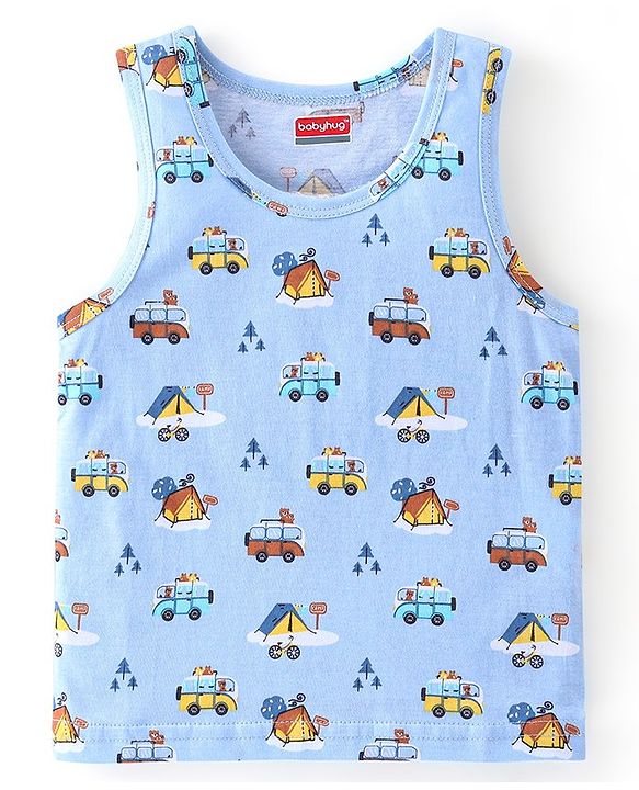 Babyhug 100 % Cotton Sleeveless Striped Camping Printed Sando Pack of 3  - Blue & Yellow
