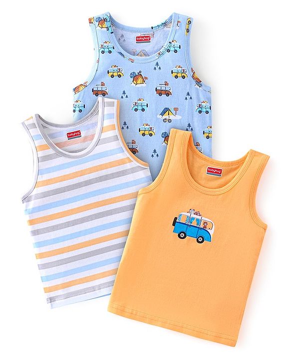 Babyhug 100 % Cotton Sleeveless Striped Camping Printed Sando Pack of 3  - Blue & Yellow
