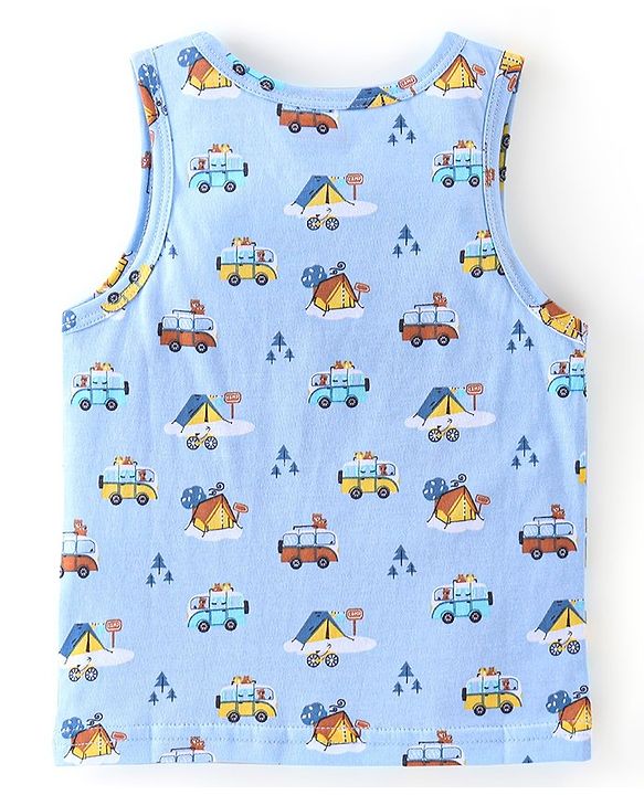 Babyhug 100 % Cotton Sleeveless Striped Camping Printed Sando Pack of 3  - Blue & Yellow