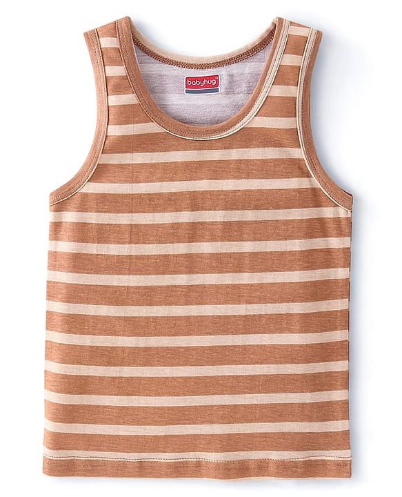 Babyhug 100% Cotton Single Jersey Knit Sando Stripes & Teddy Print Pack of 3 - Brown Navy Blue & Red
