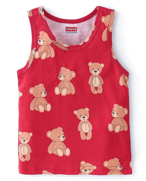 Babyhug 100% Cotton Single Jersey Knit Sando Stripes & Teddy Print Pack of 3 - Brown Navy Blue & Red