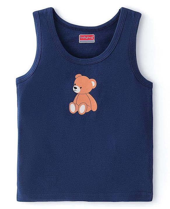 Babyhug 100% Cotton Single Jersey Knit Sando Stripes & Teddy Print Pack of 3 - Brown Navy Blue & Red