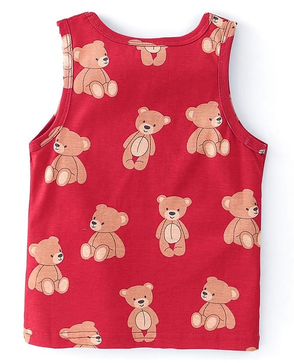 Babyhug 100% Cotton Single Jersey Knit Sando Stripes & Teddy Print Pack of 3 - Brown Navy Blue & Red