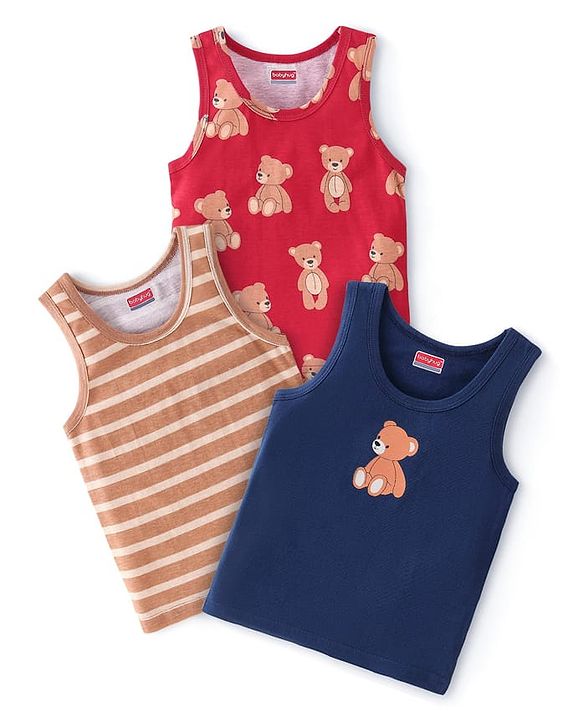 Babyhug 100% Cotton Single Jersey Knit Sando Stripes & Teddy Print Pack of 3 - Brown Navy Blue & Red