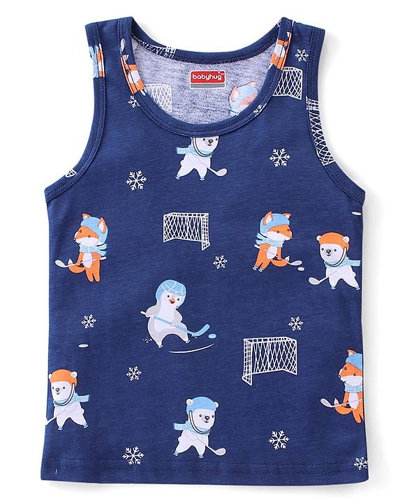 Babyhug 100% Cotton Knit Sando Penguin Print Pack of 3 - Multicolour