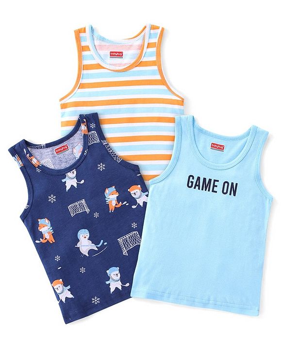 Babyhug 100% Cotton Knit Sando Penguin Print Pack of 3 - Multicolour
