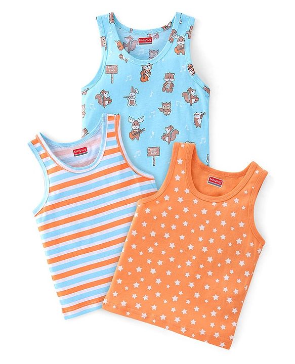 Babyhug 100% Cotton Single Jersey Knit Sleeveless Vests Stripes & Star Print Pack of 3 - Blue & Orange