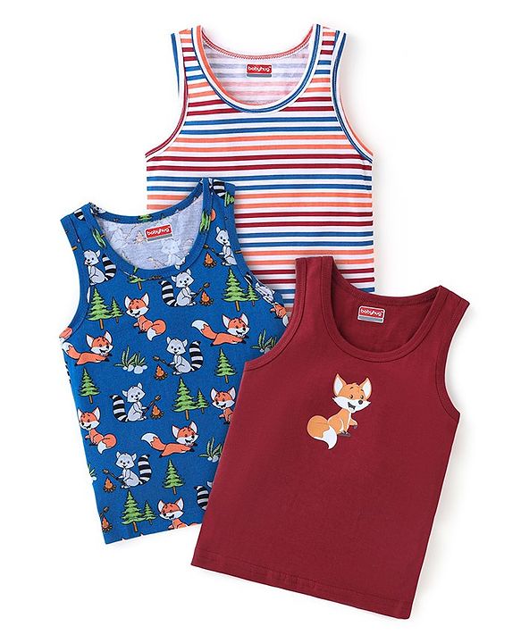 Babyhug 100% Cotton Knit Sleeveless Sando Fox Print Pack of 3 - Multicolour