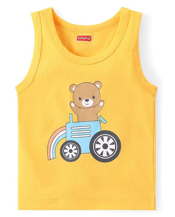 Babyhug 100% Cotton Sleeveless Sando Vests Stripes & Bear Print Pack of 3- Blue & Yellow