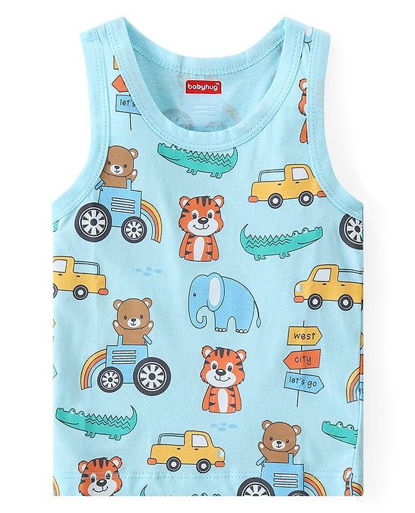 Babyhug 100% Cotton Sleeveless Sando Vests Stripes & Bear Print Pack of 3- Blue & Yellow