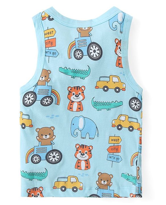 Babyhug 100% Cotton Sleeveless Sando Vests Stripes & Bear Print Pack of 3- Blue & Yellow