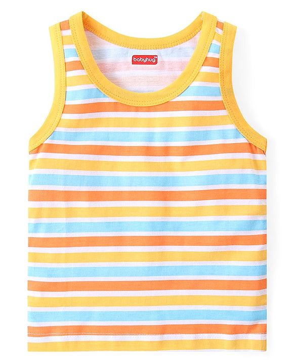 Babyhug 100% Cotton Sleeveless Sando Vests Stripes & Bear Print Pack of 3- Blue & Yellow