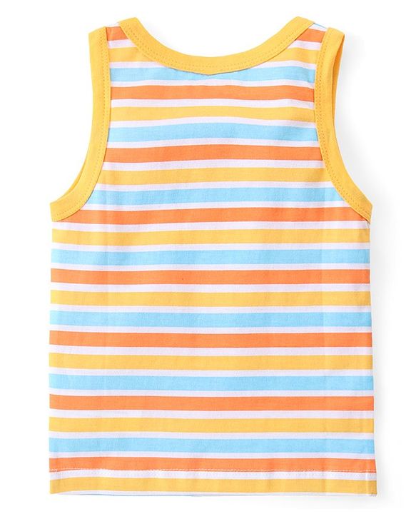 Babyhug 100% Cotton Sleeveless Sando Vests Stripes & Bear Print Pack of 3- Blue & Yellow