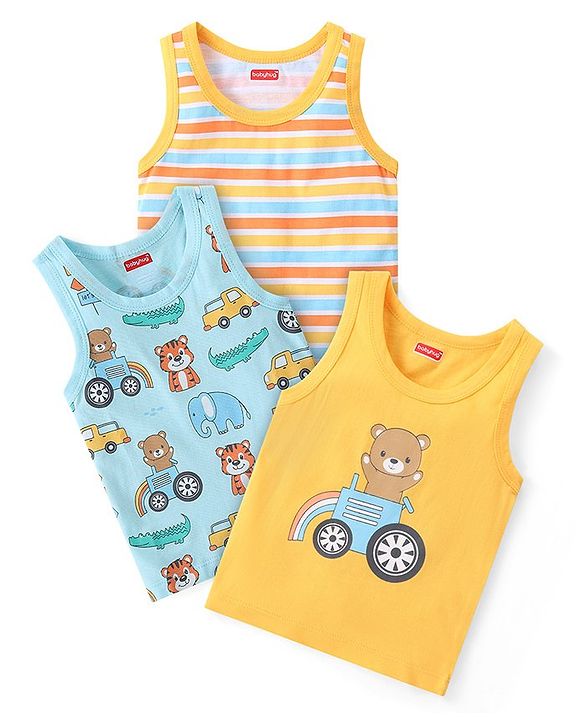 Babyhug 100% Cotton Sleeveless Sando Vests Stripes & Bear Print Pack of 3- Blue & Yellow