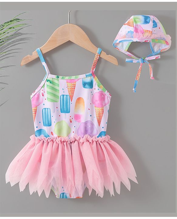 Babyhug Sleeveless Frock Swimsuit Ice Cream Print - Pink