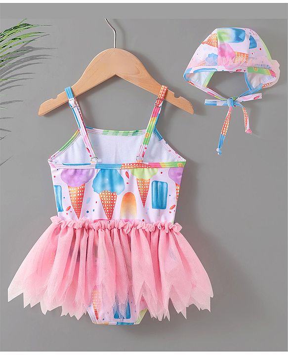 Babyhug Sleeveless Frock Swimsuit Ice Cream Print - Pink