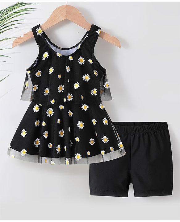 Babyhug Sleeveless Frock Swimsuit with Shorts Floral Print - Black