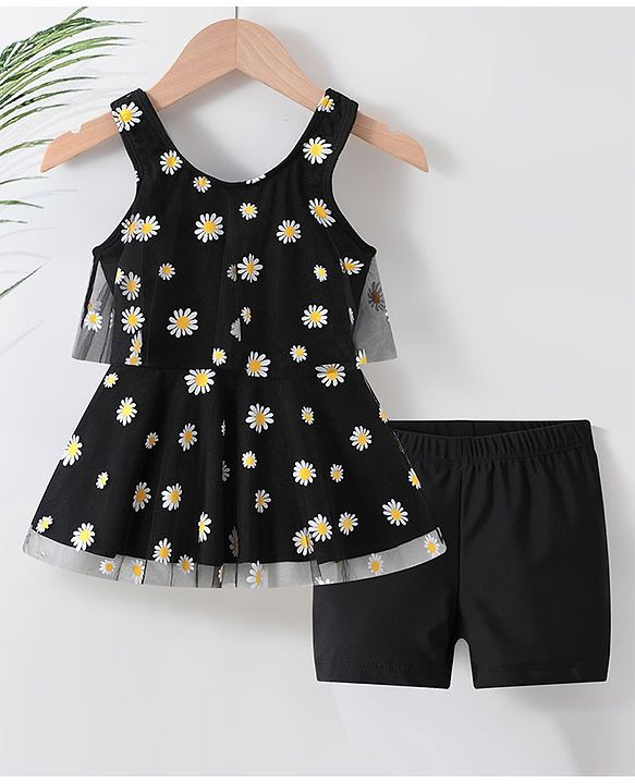 Babyhug Sleeveless Frock Swimsuit with Shorts Floral Print - Black