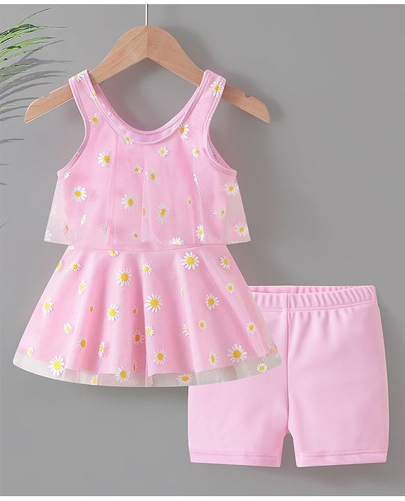Babyhug Sleeveless Frock Swimsuit with Shorts Floral Print - Pink