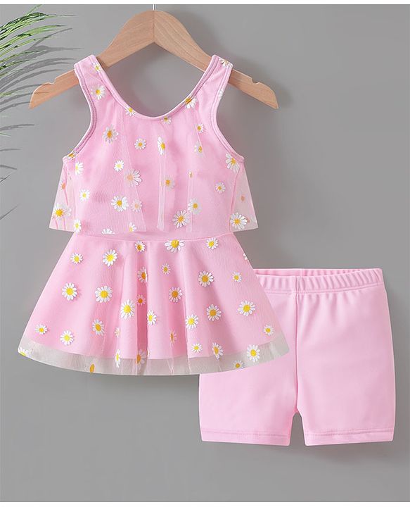 Babyhug Sleeveless Frock Swimsuit with Shorts Floral Print - Pink