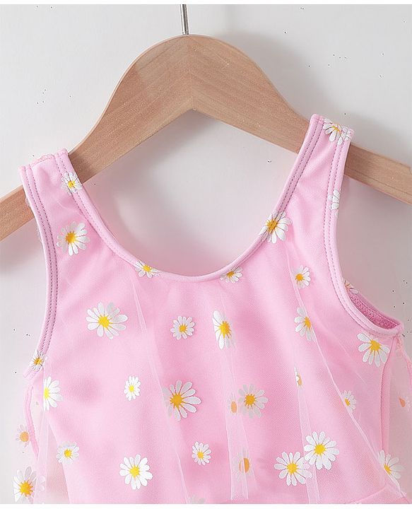 Babyhug Sleeveless Frock Swimsuit with Shorts Floral Print - Pink