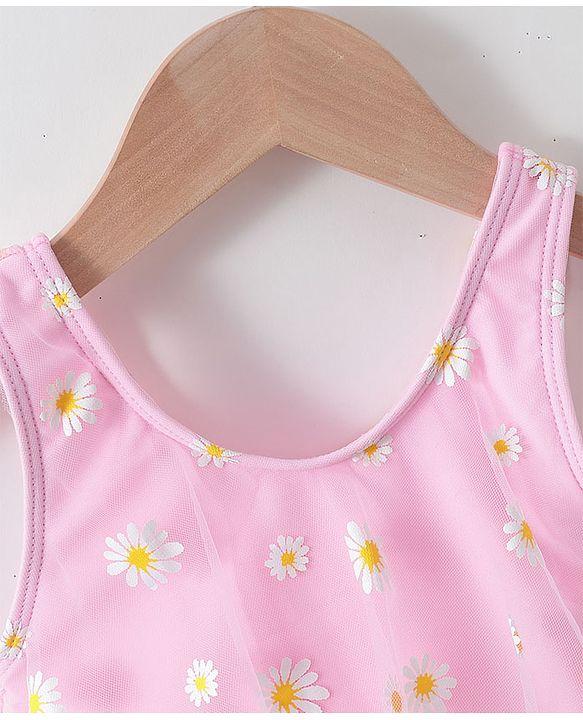 Babyhug Sleeveless Frock Swimsuit with Shorts Floral Print - Pink