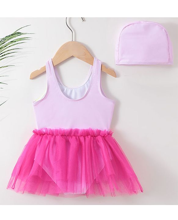 Babyhug Sleeveless Frock Swimsuit with Cap Flamingo Print - Pink