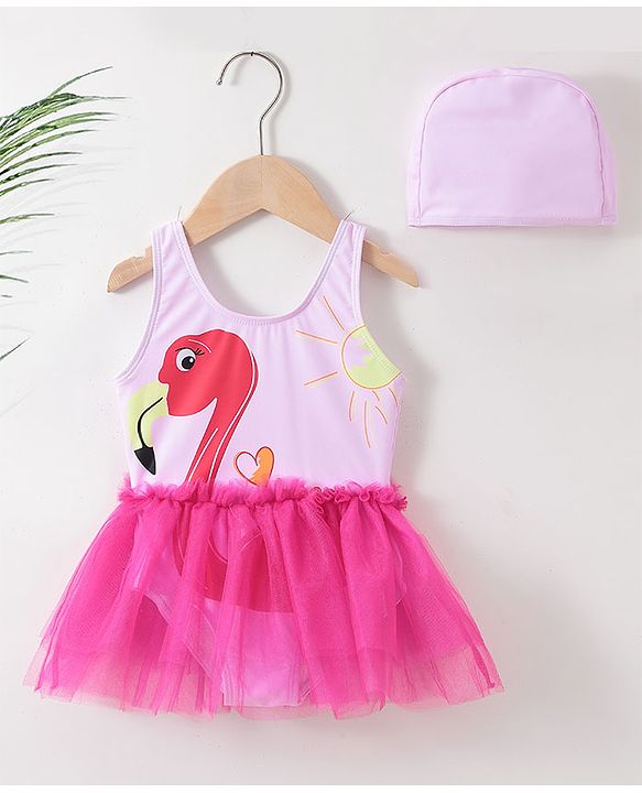 Babyhug Sleeveless Frock Swimsuit with Cap Flamingo Print - Pink